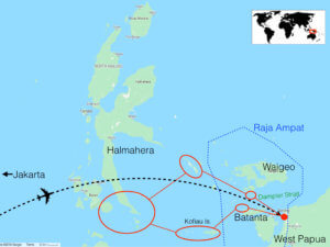 Route map to coral triangle adventure's halmahera raja ampat snorkeling tour