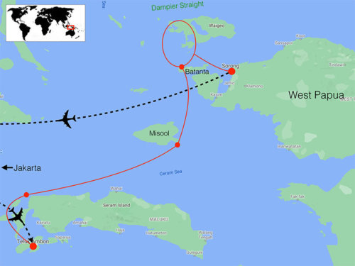 Itinerary map for Ambon to Raja Ampat snorkeling tour for Coral triangle adventures
