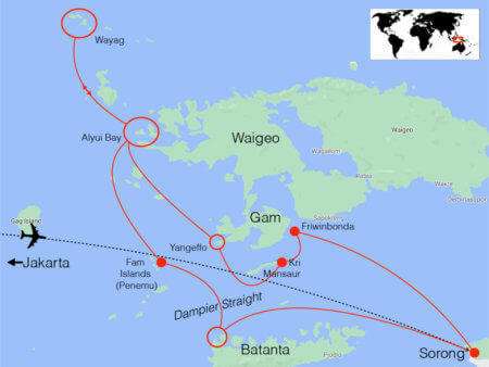 Route map for the coral triangle adventures snorkeling to to Raja Ampat, west Papua, Indonesia
