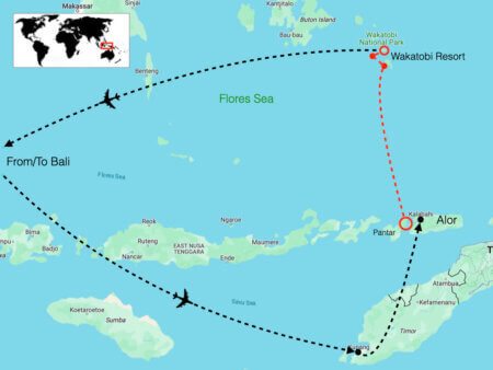 Route map for coral triangle adventures snorkeling tour to Alor and Wakatobi