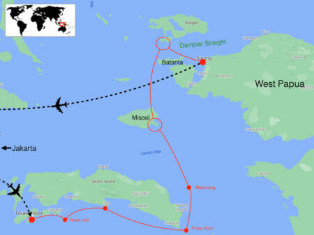 Itinerary map for Ambon to Raja Ampat snorkeling tour for Coral triangle adventures