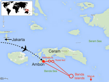 Map of the cruising route for the snorkeling tour to the Banda Islands, coral triangle adventures