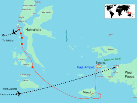 route map for coral triangle adventures snorkeling tour to Raja Ampat and Halamhera