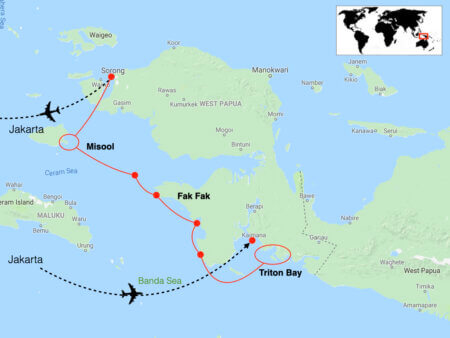 Route map for snorkeling tour to Triton Bay and Raja Ampat